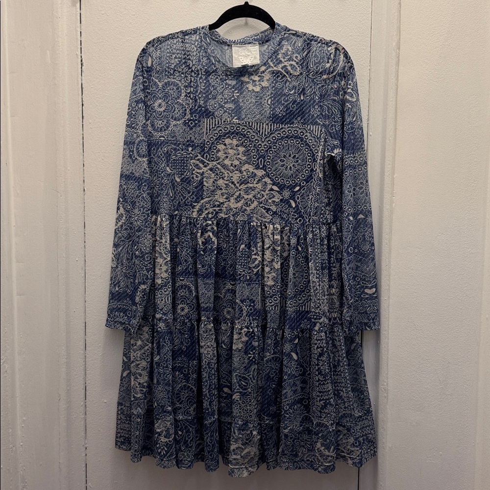 Johnny Was Blue and Cream Mesh Mini Dress